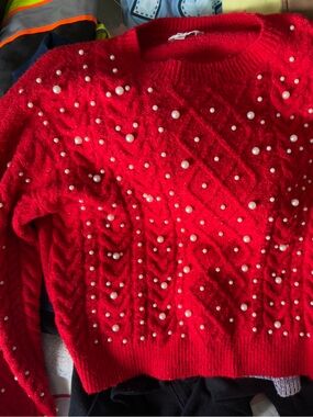 So Me Red Pearl-Embellished Cable Crewneck Sweater
